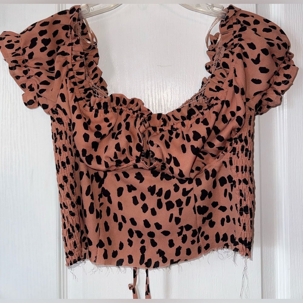 Nobody’s Baby Leopard Puff Sleeve Smocked Crop Top Size M